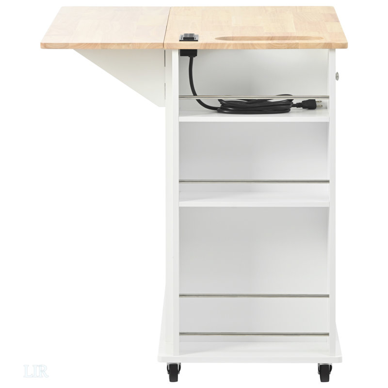 Îlot de cuisine avec prise de courant, îlot de rangement de cuisine avec abattant et bois d'hévéa, rangement ouvert et support à vin, 5 roues, îlot de cuisine