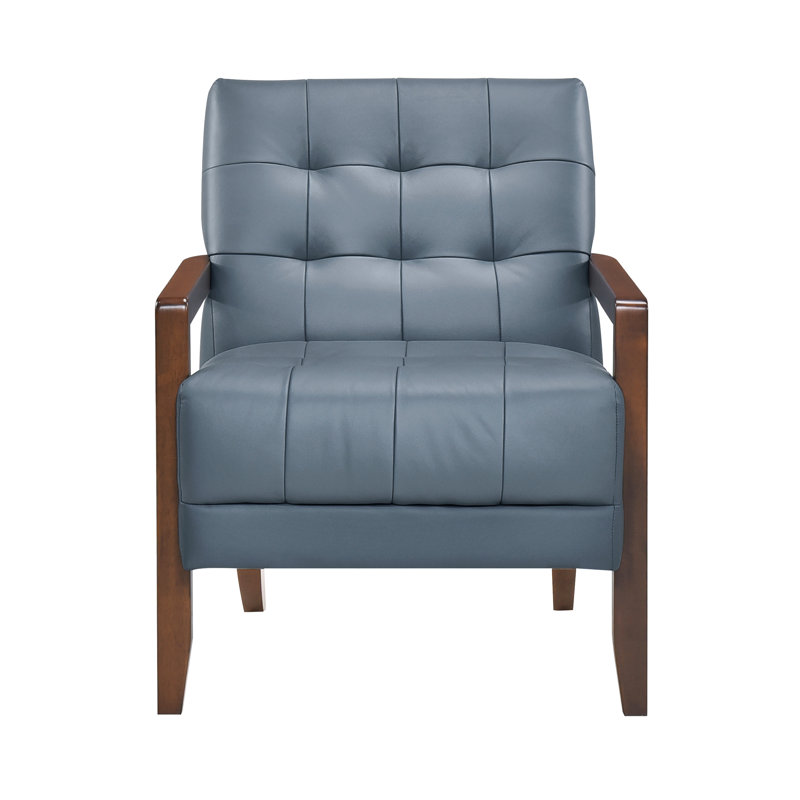 Fauteuil en cuir bleu, assise en noyer, dossier en contreplaqué, plateau en noyer, Blue