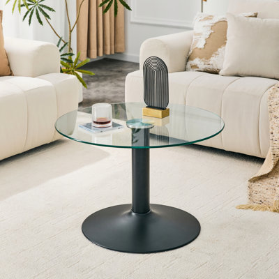 Table basse ronde en verre 27,5 pouces avec base en métal noir