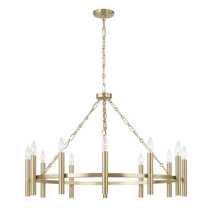 35" W x 24" H 10-Light Ring Chandelier in Matte Brass with Cylindrical Candlesticks and Specialty Decorative Designer Chain