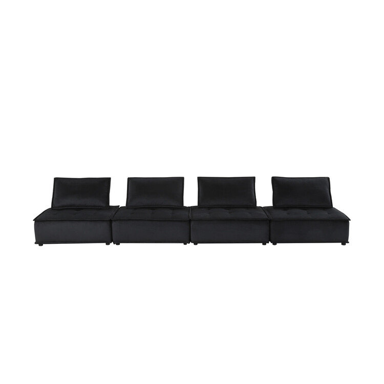 Canapé modulaire 4 pièces avec siège capitonné, Velours noir, H 29 po x l 80 po x P 80 po