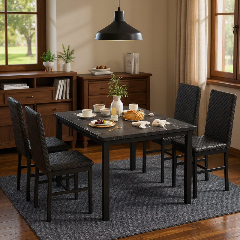 Ensemble de table de salle à manger 5 pièces en faux marbre avec 4 chaises, Noir, Noir