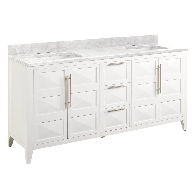 72" Holmesdale Vanity with Rectangular Undermount Sinks, Carrara Marble, Black, 8" Widespread