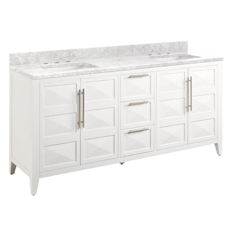 72" Holmesdale Vanity with Rectangular Undermount Sinks, Carrara Marble, 8" Widespread, Bright White