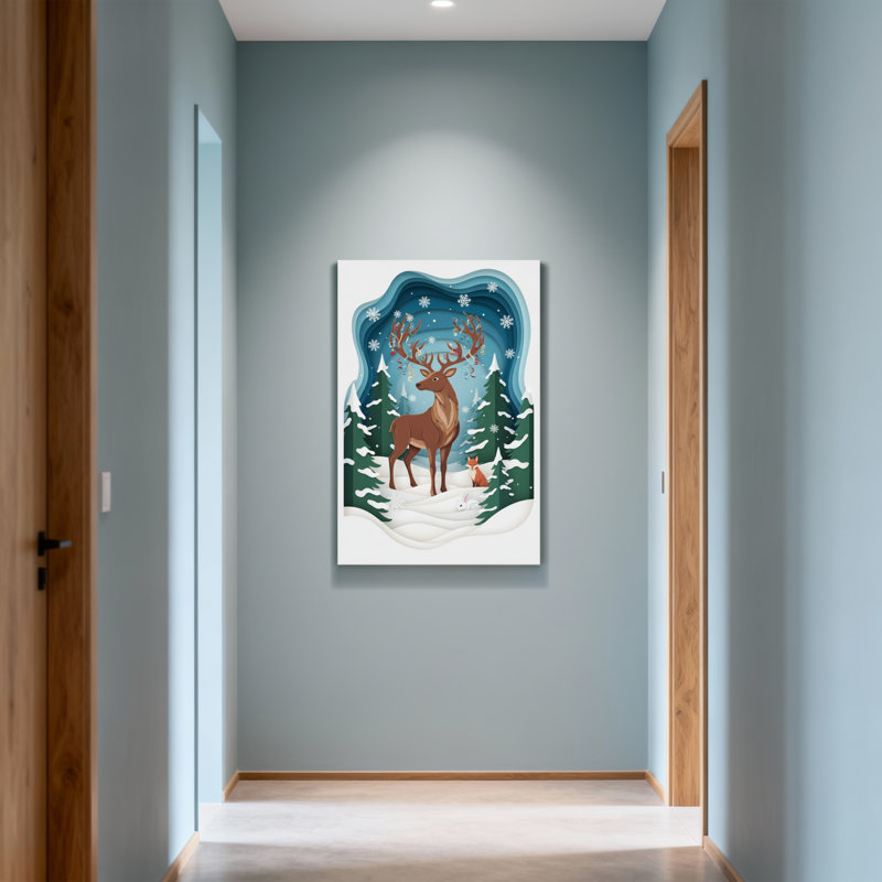 Noël, hiver, forêt, renard, cerf, flocon de neige, pin, H 36 po x l 24 po