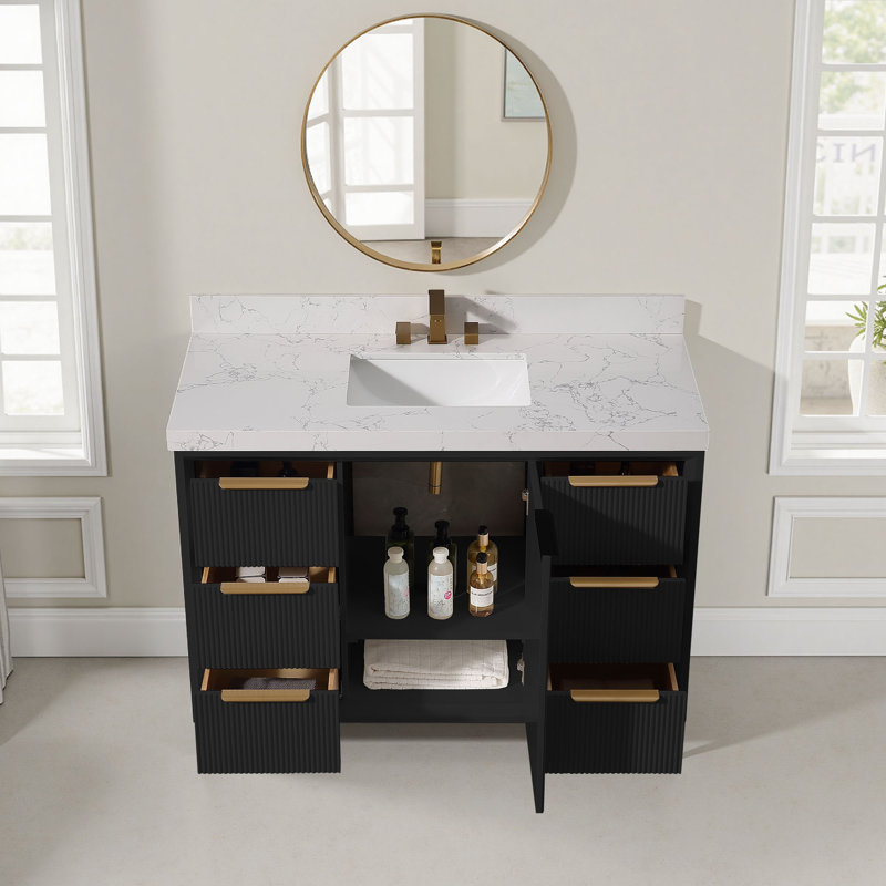Radena 48" Bathroom Vanity Ceramic Sink Top With Backsplash, Pre-assembled Bathroom Cabinet, Black