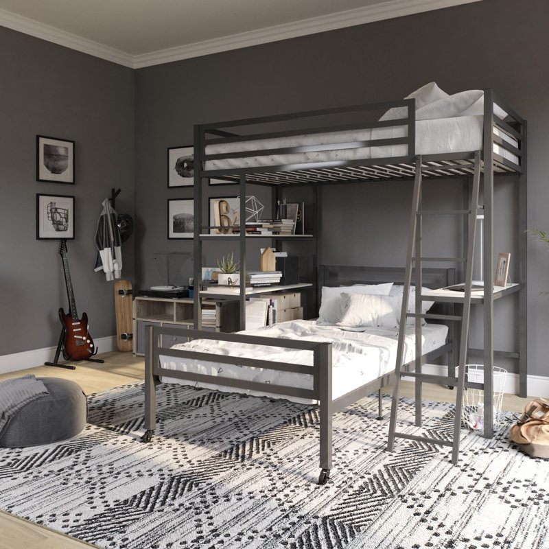 Gray Twin Metal Loft Bed with Desk and Shelves