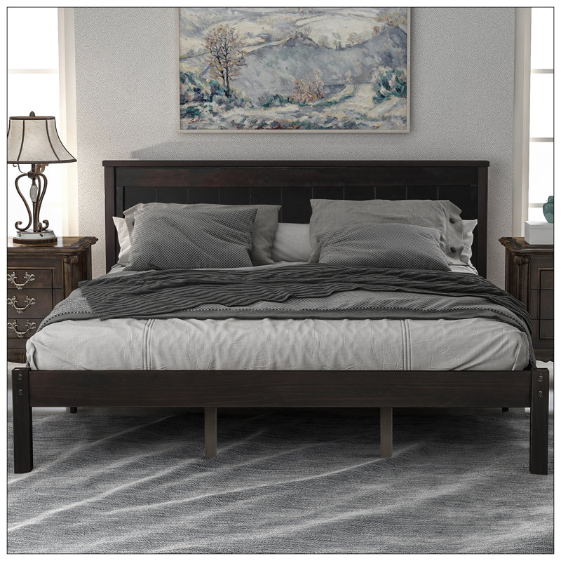 Base de lit plateforme avec tête de lit, support à lattes de bois, aucun sommier requis, Espresso, Grand lit