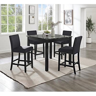 Ensemble de salle à manger 5 pièces à hauteur de comptoir avec table carrée en faux marbre et chaises capitonnées