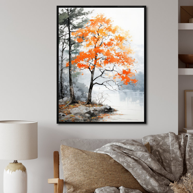 Orange et gris, forêt, automne, élégance I - art mural forêt, H 40 po x l 30 po x P 1,5 po, Cadre flottant noir