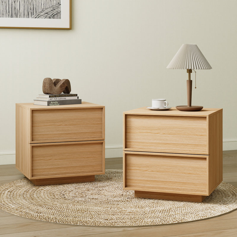 18.9"W Wooden Nightstand with 2 Drawers (Set of 2), Natural Oak