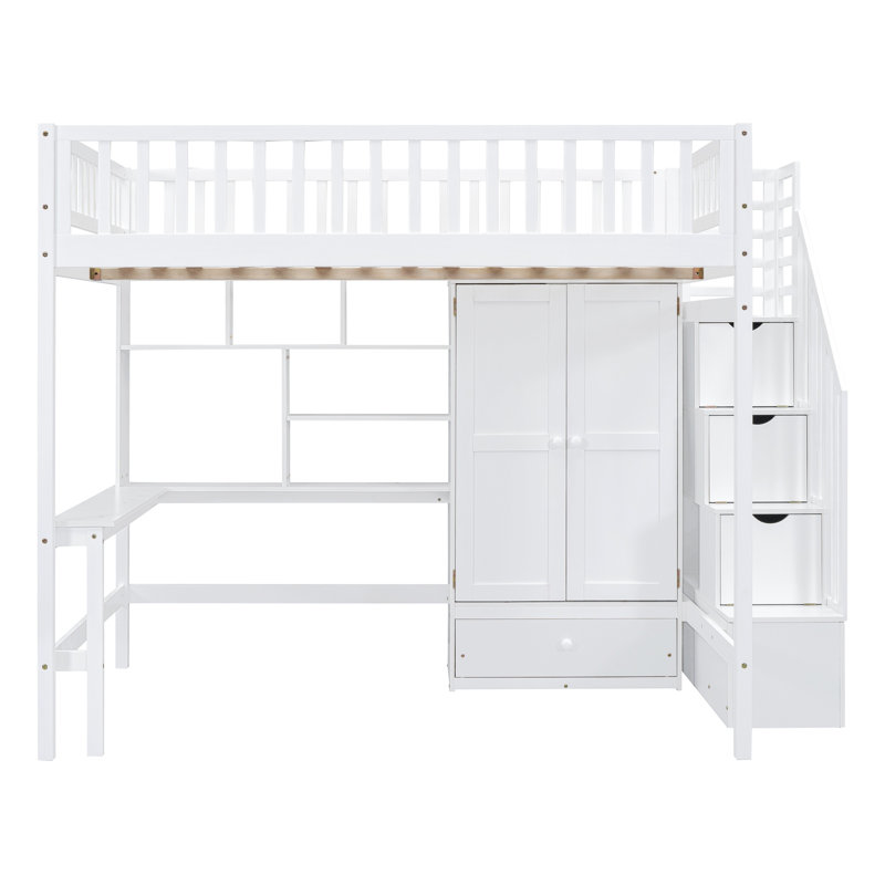 Cressida Loft Bed With Bookshelf And Desk, Solid Pine And MDF, Twin, White
