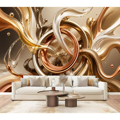 Peel and Stick Wallpaper Abstract Swirling Metallic Rings Fluid Forms Warm Tones Wall Murals 69"H x 96"W Removable PVC Wall Paper Self-Adhesive Wall Decor for Bedroom Living Room Home Office