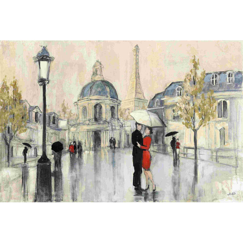 «Spring Rain Paris Eiffel» par Julia Purinton - peinture sur toile tendue, H 24 po x l 36 po, Cadre flottant érable, Non