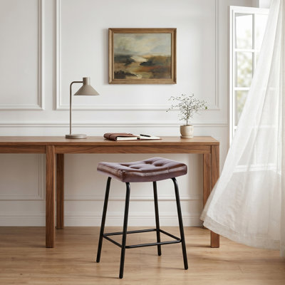 25.5''H Faux Leather Counter Stools Set of 2 for Kitchen Island, Backless Saddle Counter Height Bar Stools with Metal Frame & Footrest, Dark Brown