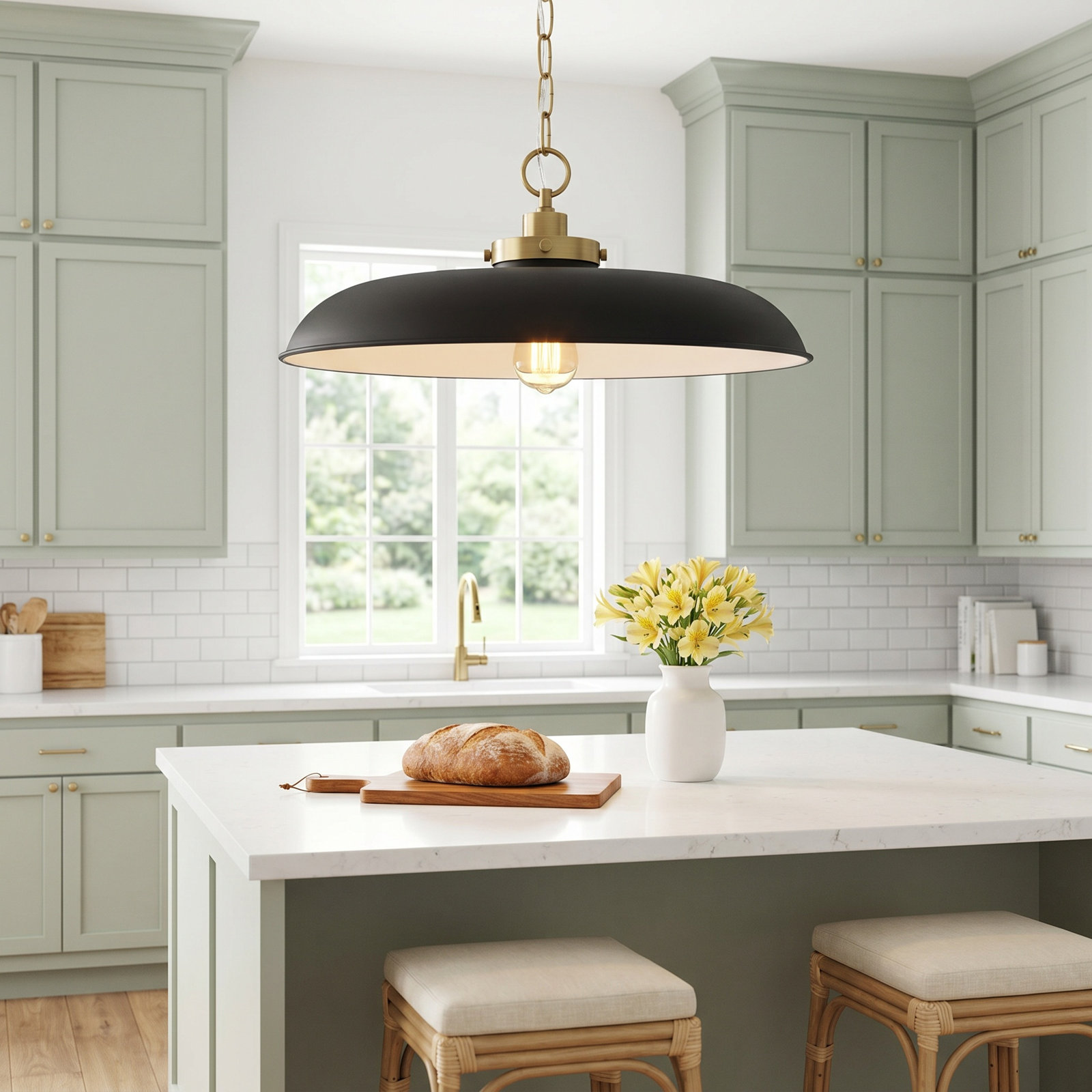 Tateos Single Light Steel Dimmable Pendant, Midnight Black, Burnished Brass