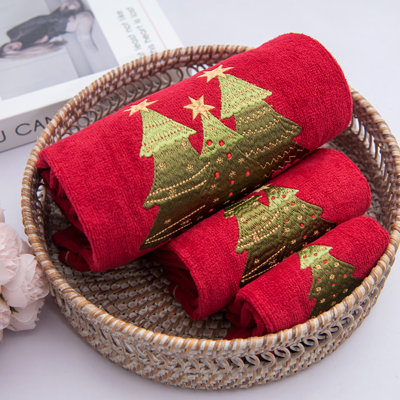 Marina Decoration Home Decor Xmas Premium Luxury Ultra Soft 100% Cotton Embroidered Bathroom Modern 3 Piece Christmas Towel Set, Red Green Colour Christmas Tree Pattern