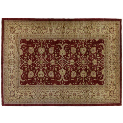 Tapis unique en laine noué à la main rouge / or 10 pi x 14 pi