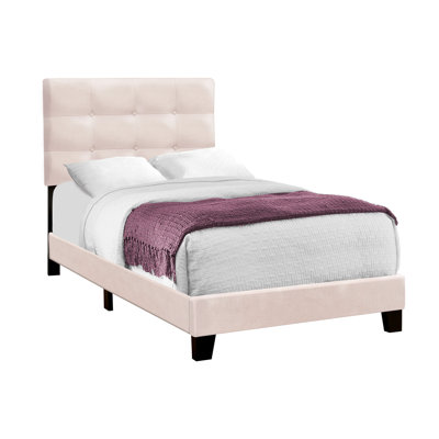 Twin Size Bed, Upholstered In Pink Velvet For Youth Bedroom, Stable Bed Frame Velvet, Transitional Design Youthful Room