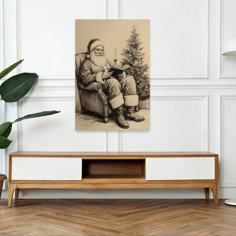 Père Noël lisant le livre de Noël classique paisible arbre de Noël traditionnel paysage d'hiver, reproduction d'art mural