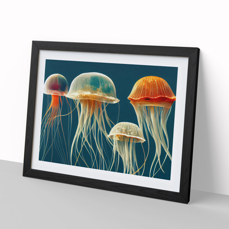Family Of Jellyfish - Single Picture Frame Painting, 34cm H x 46cm W x 2cm D, Black