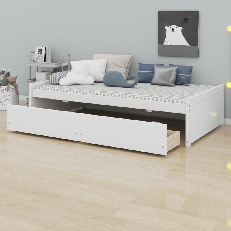 Base de lit en bois avec 2 tiroirs de rangement spacieux sous le lit, Blanc