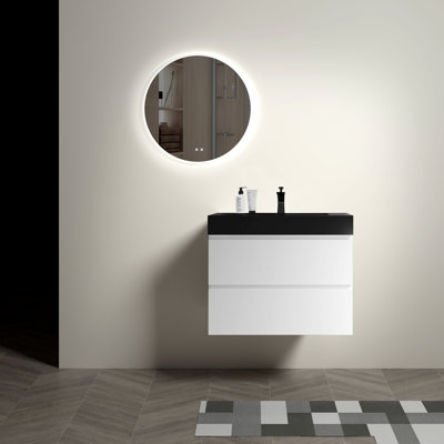 Meuble-lavabo mural de 76 cm avec lavabo - Design moderne et élégant, blanc, rangement supplémentaire, lavabo noir mat, mécanisme silencieux