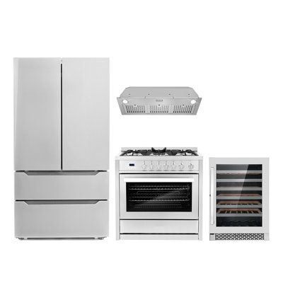 Cosmo 4 Piece Kitchen Appliance Package with French Door Refrigerator , 36 in. Dual Fuel Freestanding Range Dual Fuel Cooktop , Wall Oven , Dishwasher , and Microwave , and Insert Range Hood , and Wine Refrigerator , and Air Fryer