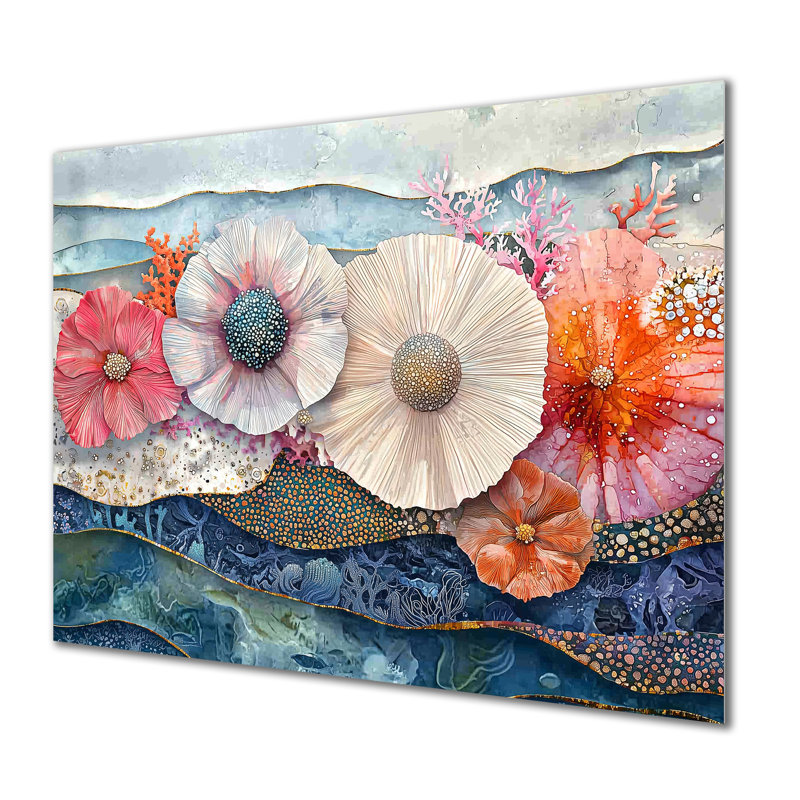 Oursin coloré et fleur sérénade - oursin en métal, reproduction d'art moderne sur métal, H 16 po x l 32 po