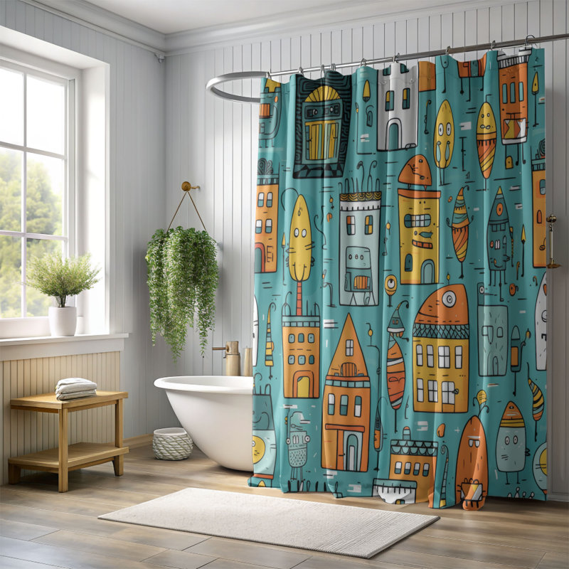Perky City - Rideau de douche Premium, H 74 po x l 71 po