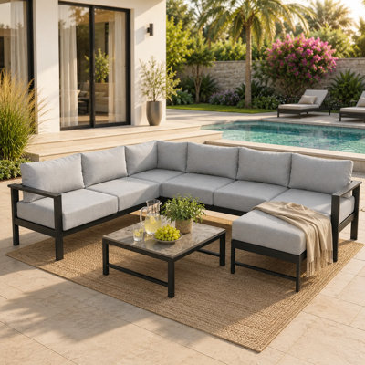 114" Outdoor U-Shaped Patio Sectional Sofa Set with 6" Thick Cushions, Modern Metal Frame Conversation Set for Backyard, Poolside & Garden, Seats 6