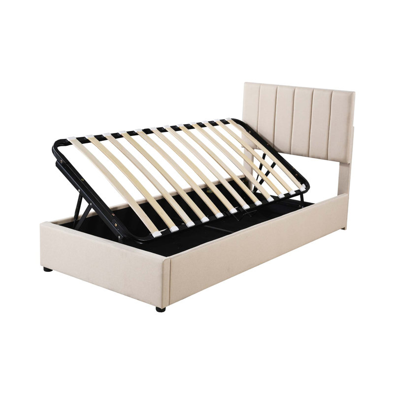 Lit plateforme tapissier simple avec système de rangement hydraulique, Beige, Twin