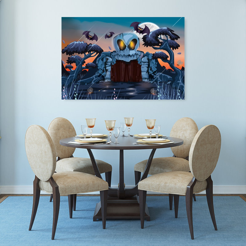Affiche murale abstraite contemporaine représentant une porte de crâne au clair de lune, un paysage de chauves-souris et une nature.