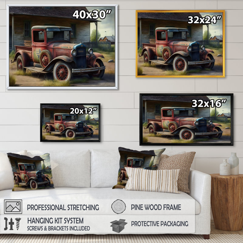 «American Car at the Barn 30S», reproduction sur toile, H 30 po x l 40 po x P 1,5 po, Cadre flottant noir