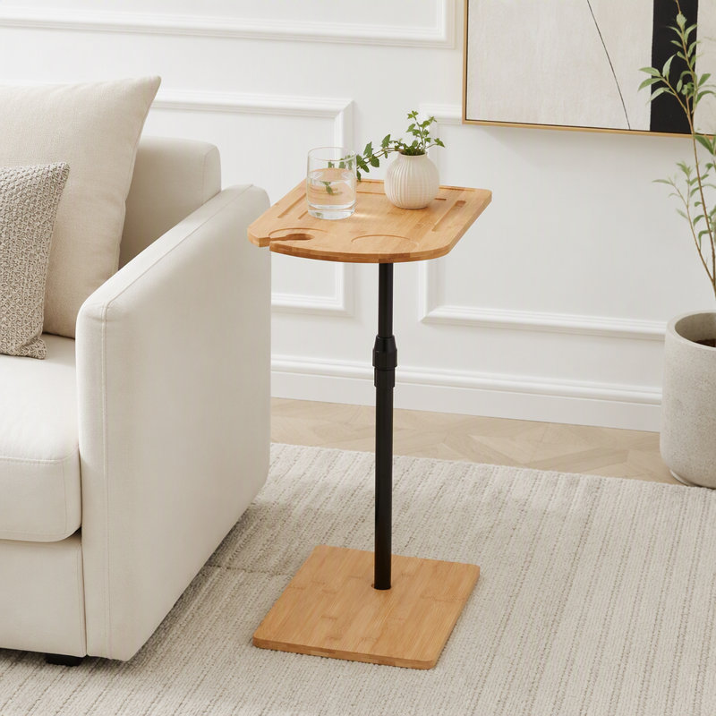 Table d'appoint en bambou en forme de C, réglable en hauteur, avec plateau pivotant à 360° et emplacements pour tablette