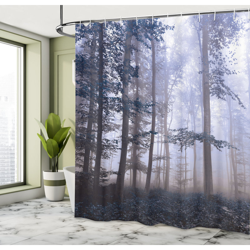 Ceil Blue Forest Print Fabric Shower Curtain with Hooks