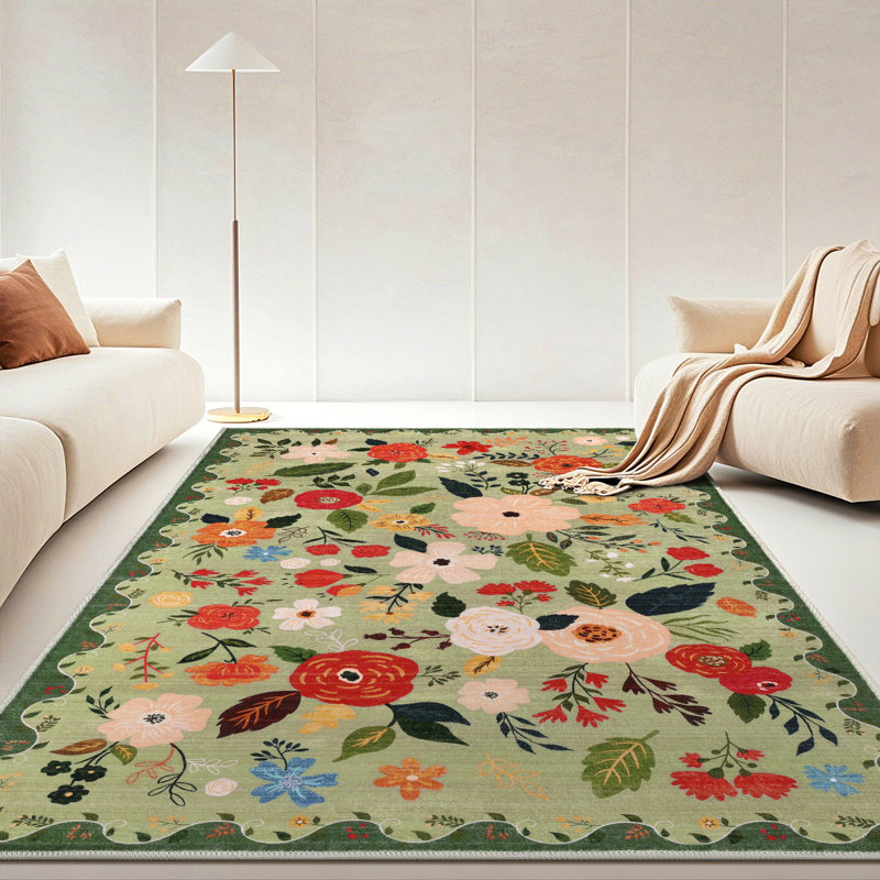 Green Floral Machine Washable Area Rug with Non-Slip Backing, Rectangle 5' x 7'