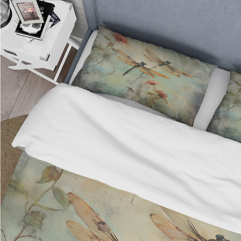 Peinture rétro de libellule volant - ensemble de housse de couette animaux - microfibre de polyester