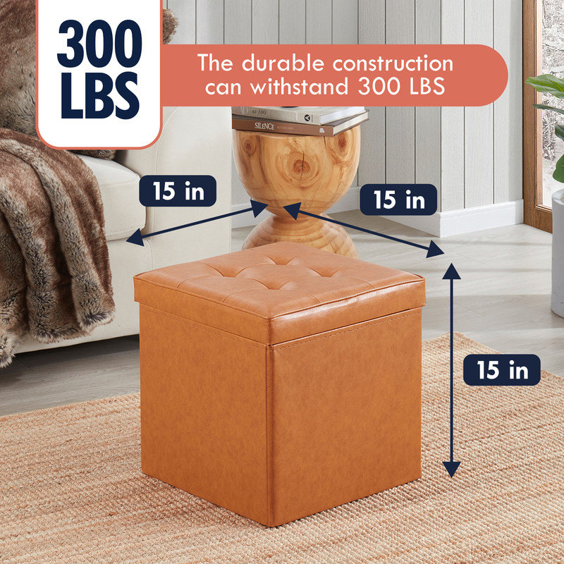 Hilsa Upholstered Ottoman, Cognac Faux Leather