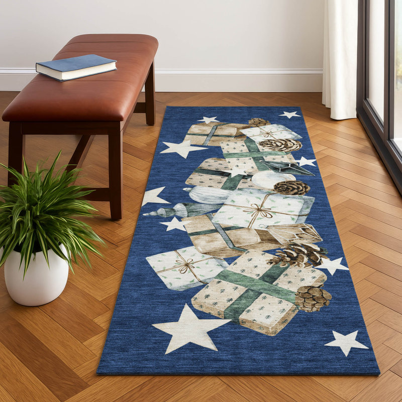 Premium Machine Washable Castillon AMF1825 Stars and Presents Holiday Rug, Runner 2'3" x 7'6"