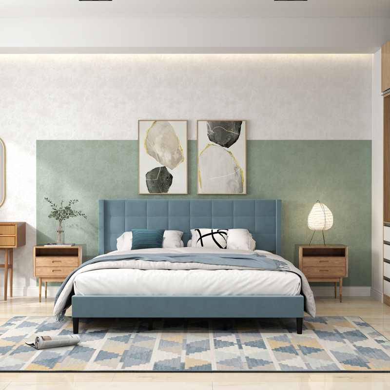 75.9'' W King Size Upholstered Platform Bed with Velvet Fabric & Square Tufted Headboard, Blue, King