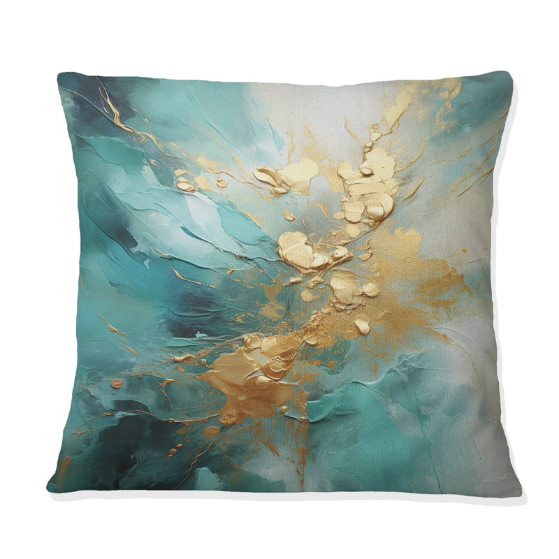 Coussin décoratif doré et sarcelle Aurora Harmony II - Abstract Spirals, 18" x 18"