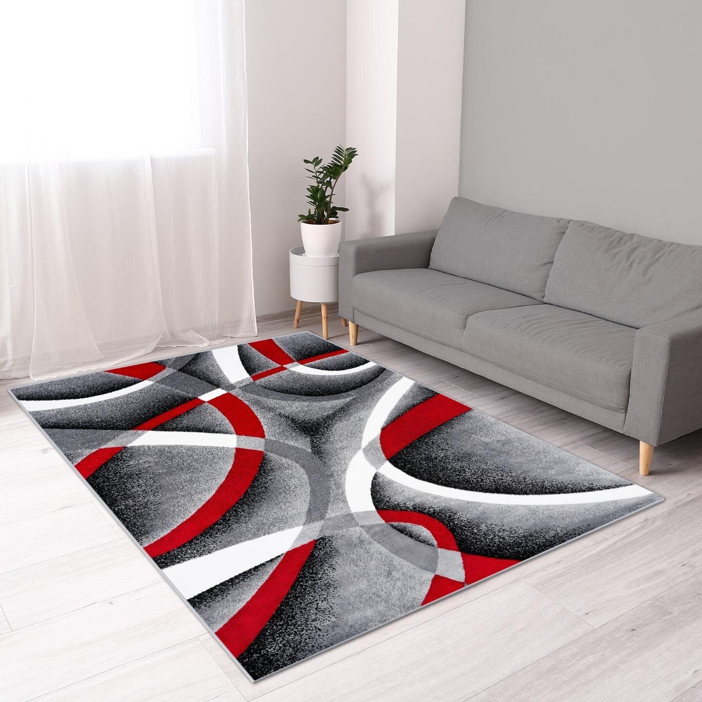 5 x 7 ft Red Black Light Gray 3D Modern Abstract Geometric Decor Area Rug  Carpet