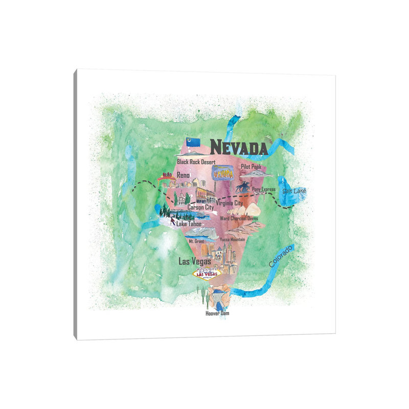 USA, Nevada Illustrated Travel Poster 1 Piece Wrapped Canvas Wall Art, 93.98 cm H x 93.98 cm W x 3.175 cm D