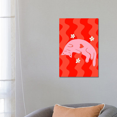 Pink Sleepy Cat With Wavy Background - Wall Art Print - Wrapped Canvas