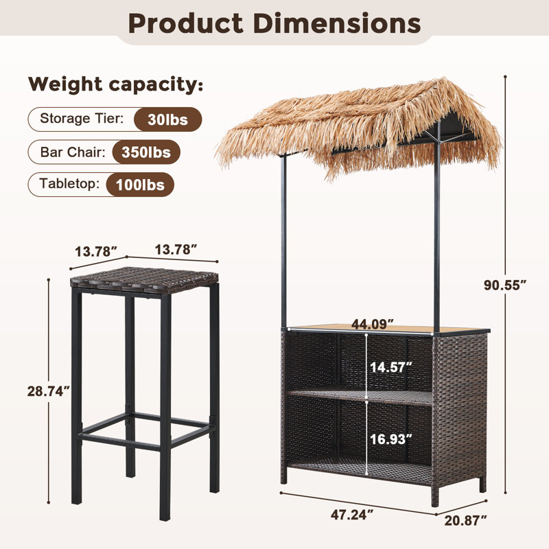 Ensemble de bar d'extérieur Tiki de 47 po de longueur avec plateau Palapa et ensemble de patio en osier 3 pièces comprenant 2 tabourets de rangement et un support à verres à vin