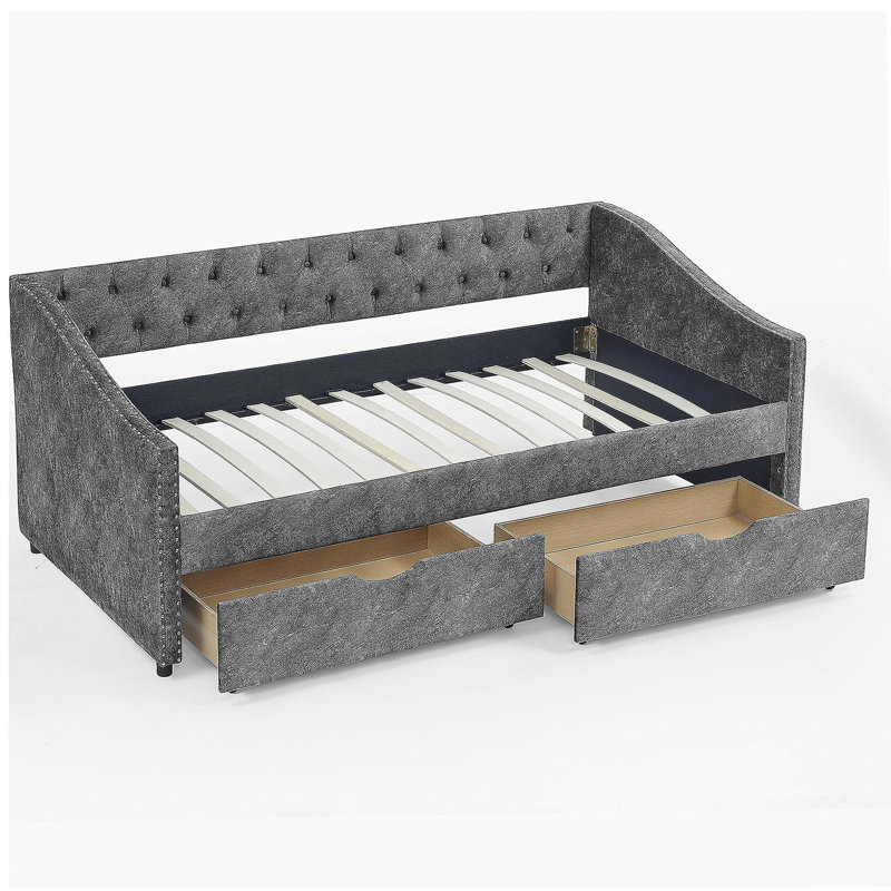 Lit de jour simple avec tiroirs, canapé-lit capitonné capitonné, avec bouton sur le dos et clou en cuivre sur les accoudoirs ondulés, gris (81,5 po x 4 po x 30,5 po)