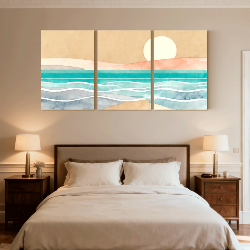 «Nautical & Beach Sunset Ocean Waves Sky Sand Horizon», ensemble de 3 impressions sur toile, H 18 po x l 36 po