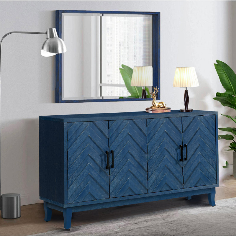 Armoire de rangement en bois à 4 portes avec support en bois de pin épais et pratique, Bleu marine antique