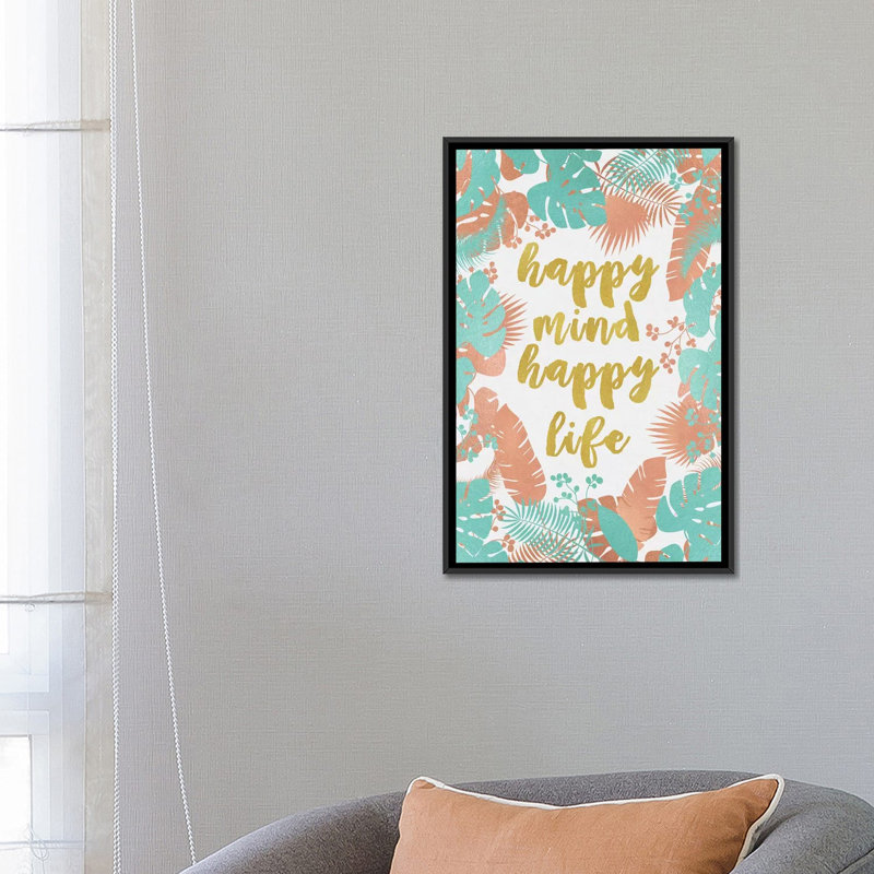 « happy mindate happy life », impression sur toile, H 26 po x l 18 po x P 1,5 po, Toile avec cadre noir, Pas de tapis